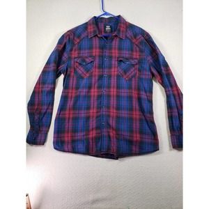 Route 66 Shirt Mens XL Red/Blue Plaid Long Sleeve Pearl Snap Pockets 100% Cotton